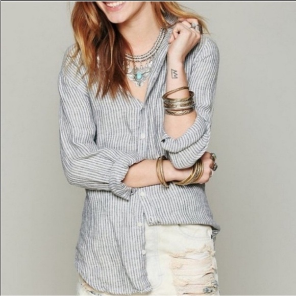 CP Shades Tops - CP Shades striped 100% Linen coastal boyfriend button tunic shirt Medium coastal